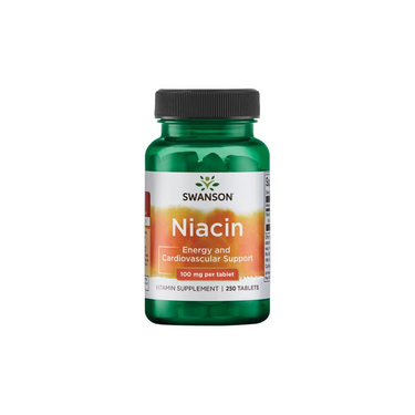 A bottle of Swanson Vitamin B-3 Niacin contains 250 tablets, each with 100 mg, supporting energy, carbohydrate metabolism, and heart health.